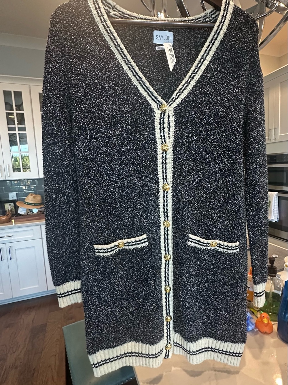 SAYLOR Black & Cream Bouclé V-Neck Cardigan with Gold Button Chanel inspired-SM